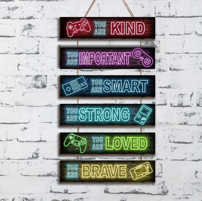 HIWERAN 6 Pcs Neon Gaming Decor Boys Room Decor Positive Neon Gaming Quotes Wall Art Decor for Teens Kids Bedroom Princess Toddler Room, Works of art Made of Wood, Works of Art of Wood, Placards of Woods - Image 3